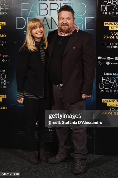 Dori Ghezzi and Gianluca Gobbi attend 'Fabrizio De Andre'. Principe Libero' photocall on January 19, 2018 in Milan, Italy.