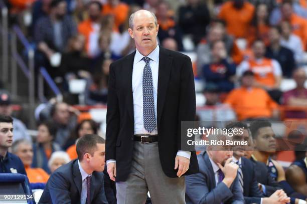 Head coach Kevin Stallings of the Pittsburgh Panthers reacts to a play against the Syracuse Orange during the second half at the Carrier Dome on...