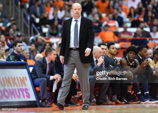 Head coach Kevin Stallings of the Pittsburgh Panthers reacts to a play against the Syracuse Orange during the second half at the Carrier Dome on...