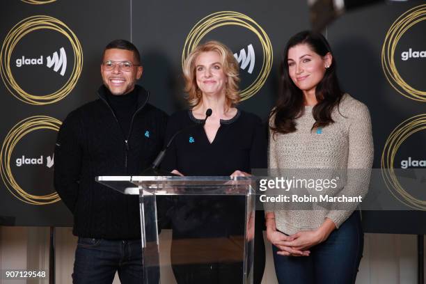 Actors Wilson Cruz and Trace Lysette with GLADD President and CEO Sarah Kate Ellis attend GLAAD Media Awards Nominations Announcement At Sundance on...