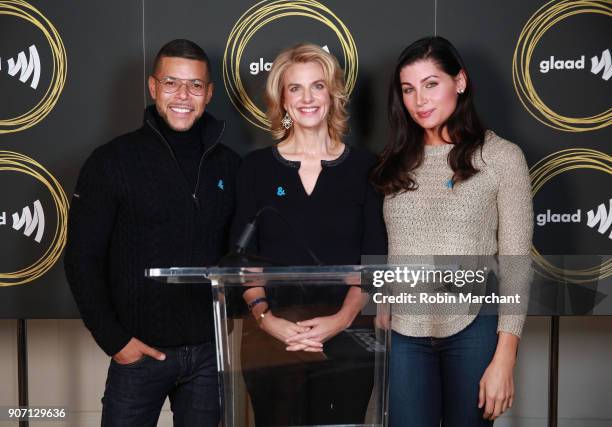 Actors Wilson Cruz and Trace Lysette with GLADD President and CEO Sarah Kate Ellis attend GLAAD Media Awards Nominations Announcement At Sundance on...