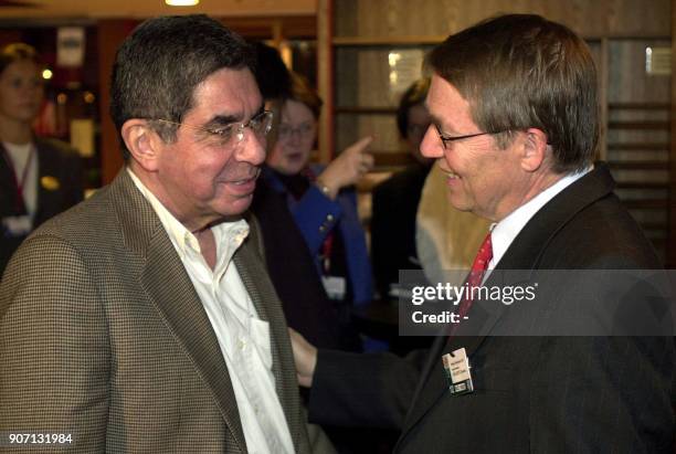 The 1987 Nobel Peace Prize laureate, former Costa Rican president Oscar Arias Sanchez is received by Gunnar Staalseth, one the members of the...