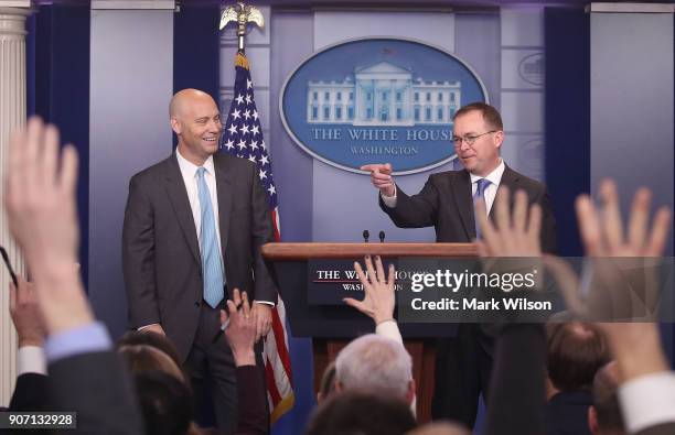 Marc Short, , Director of Legislative Affairs and Mick Mulvaney, Director of the Office of Management and Budget, speak to reporter about the...