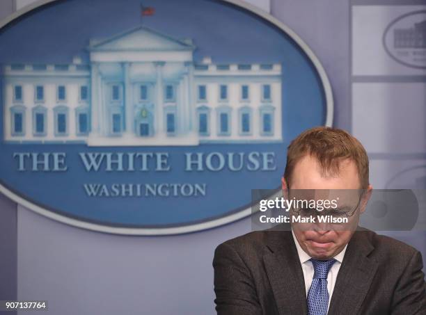 Mick Mulvaney, Director of the Office of Management and Budget, speaks to reporters about the possibility of a government shutdown at midnight...