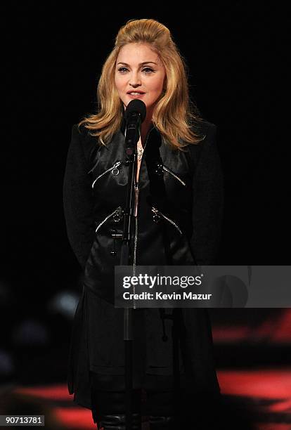 Madonna speaks onstage during the 2009 MTV Video Music Awards at Radio City Music Hall on September 13, 2009 in New York City.