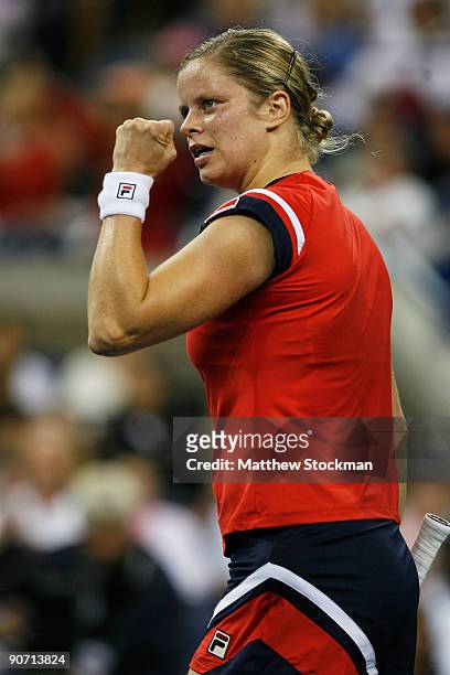 Kim Clijsters of Belgium celebrates a point during the Women�s Singles final against Caroline Wozniacki of Denmark on day fourteen of the 2009 U.S....