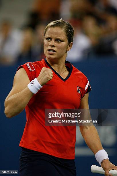 Kim Clijsters of Belgium celebrates a point during the Women�s Singles final against Caroline Wozniacki of Denmark on day fourteen of the 2009 U.S....