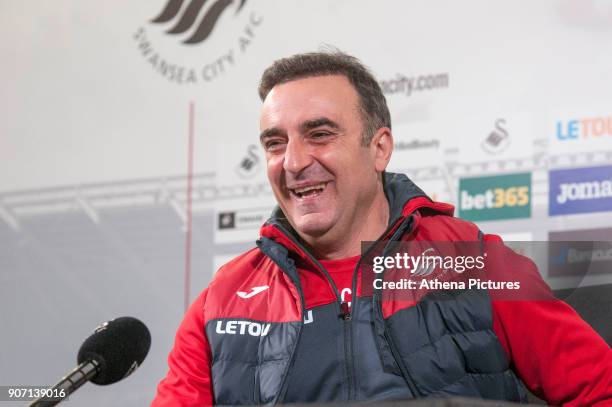 Swansea manager Carlos Carvalhal speaks to members of the press during the Swansea City Press Conference at The Liberty Stadium on January 19, 2017...