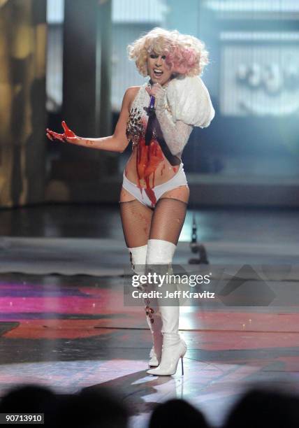 Lady Gaga performs onstage during the 2009 MTV Video Music Awards at Radio City Music Hall on September 13, 2009 in New York City.