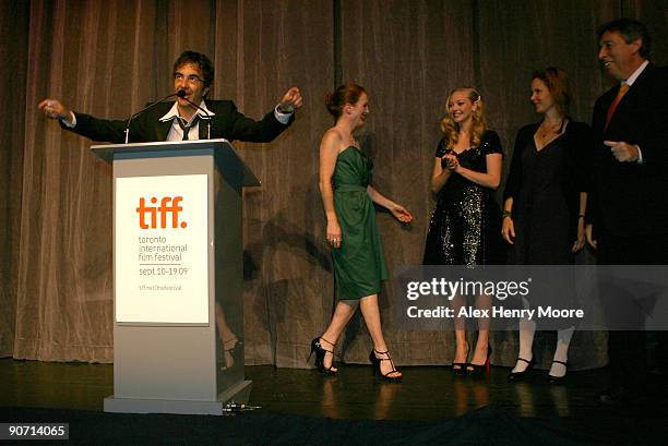 Director Atom Egoyan, Actress Julianne Moore, Actress Amanda Seyfried, Writer Erin Cressida Wilson, and Director Ivan Reitman attend "Chloe" premiere...