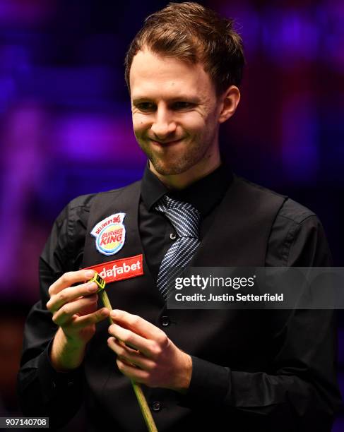 Judd Trump of England reacts during his match against Shaun Murphy of England during The Dafabet Masters on Day Six at Alexandra Palace on January...