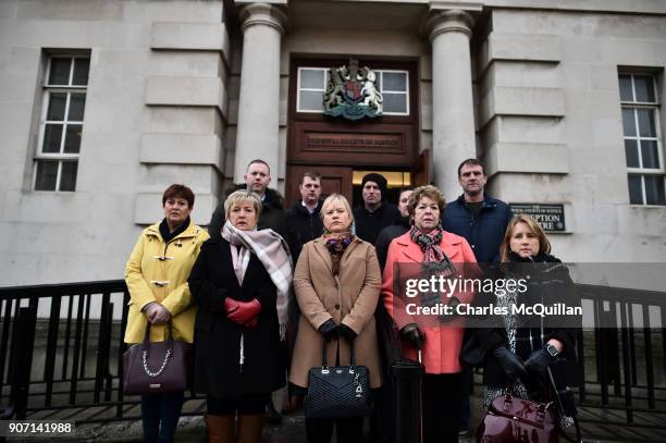 Loughinisland victim's family members stand together outside Belfast High Court on January 19, 2018 in Belfast, Northern Ireland. Loughinisland...