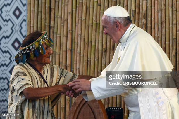 Pope Francis greets a representative of indigenous communities of the Amazon basin from Peru, Brazil and Bolivia during a meeting in the Peruvian...