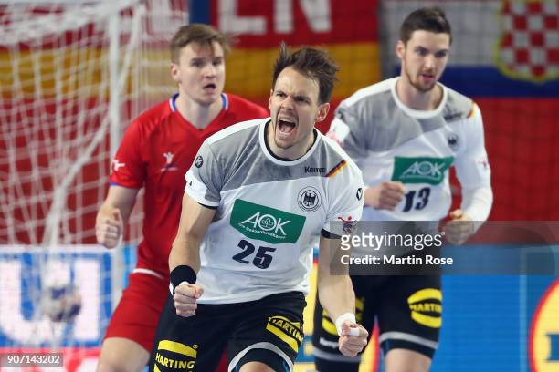 Kai Haefner of Germany celebrates a goal during the Men's Handball European Championship main round group 2 match between Germany and Czech Republic...