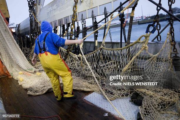 Fisherman on the Dutch fishing boat TX-38 Branding IV prepares the electric pulse fishing nets during departure from the harbour of Den Helder, on...