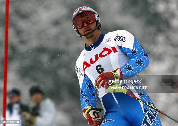 Italian star Giogio Rocca reacts after missing a gate 26 December 2003 during the World Cup slalom in Kitzbuhel. Finland's Kalle Palander won the...