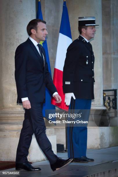 French President Emmanuel Macron Receives German Chancellor Angela Merkel at Elysee Palace on January 19, 2018 in Paris, France.