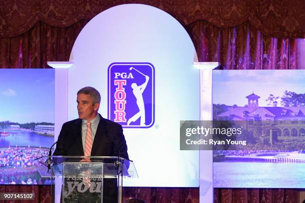 Commissioner Jay Monahan speaks during the PGA TOUR Global Home press conference at TPC Sawgrass on January 19, 2018 in Ponte Vedra Beach, Florida.