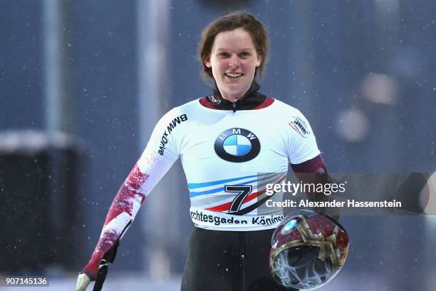 Elisabeth Vathje of Canada looks on after competing at Deutsche Post Eisarena Koenigssee during the BMW IBSF World Cup Skeleton on January 19, 2018...