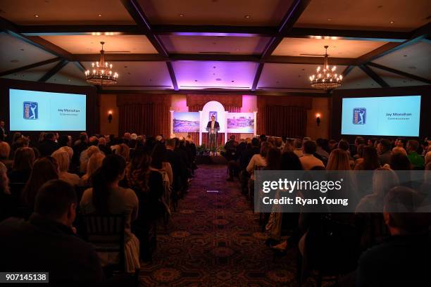 Commissioner Jay Monahan speaks during the PGA TOUR Global Home press conference at TPC Sawgrass on January 19, 2018 in Ponte Vedra Beach, Florida.