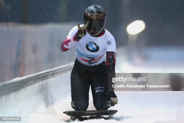 Elisabeth Vathje of Canada looks on after competing at Deutsche Post Eisarena Koenigssee during the BMW IBSF World Cup Skeleton on January 19, 2018...