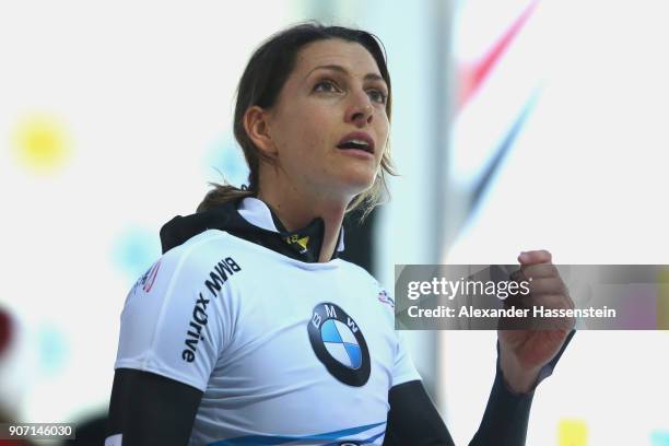 Janine Flock of Austria looks on after competing at Deutsche Post Eisarena Koenigssee during the BMW IBSF World Cup Skeleton on January 19, 2018 in...