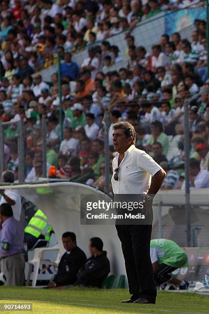 Queretaros' Head Coach Carlos Reinoso during their match in the Apertura 2009 tournament, the Mexican Football League, at the Corona Stadium on...