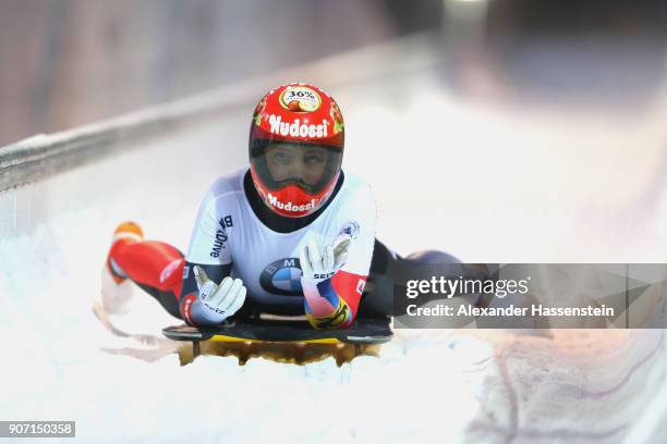 Anna Fernstaedt of Germany reacts after competing at Deutsche Post Eisarena Koenigssee during the BMW IBSF World Cup Skeleton on January 19, 2018 in...