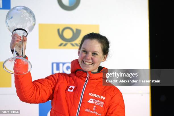Elisabeth Vathje celebrates winning the 3rd place of overall World Cup at Deutsche Post Eisarena Koenigssee after the BMW IBSF World Cup Skeleton on...