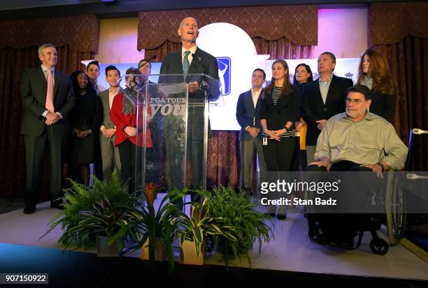 Florida Govenor Rick Scott speaks during the unveiling of the new PGA TOUR Global Home set to open in 2020 during the PGA TOUR Global Home press...