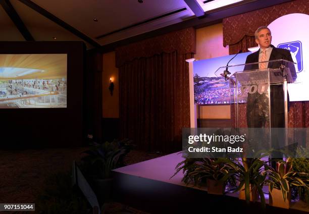 Commissioner Jay Monahan speaks during the unveiling of the new PGA TOUR Global Home set to open in 2020 during the PGA TOUR Global Home press...