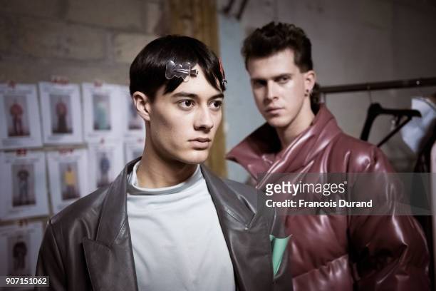 Model poses Backstage prior the Arthur Avellano Menswear Fall/Winter 2018-2019 show as part of Paris Fashion Week on January 19, 2018 in Paris,...