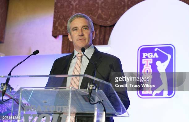 Commissioner Jay Monahan addresses the media and employees during the PGA TOUR Global Home press conference at TPC Sawgrass on January 19, 2018 in...
