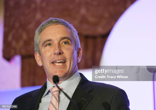 Commissioner Jay Monahan addresses the media and employees during the PGA TOUR Global Home press conference at TPC Sawgrass on January 19, 2018 in...