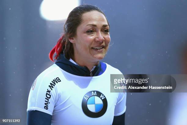 Katie Uhlaender of USA looks on after competing at Deutsche Post Eisarena Koenigssee during the BMW IBSF World Cup Skeleton on January 19, 2018 in...