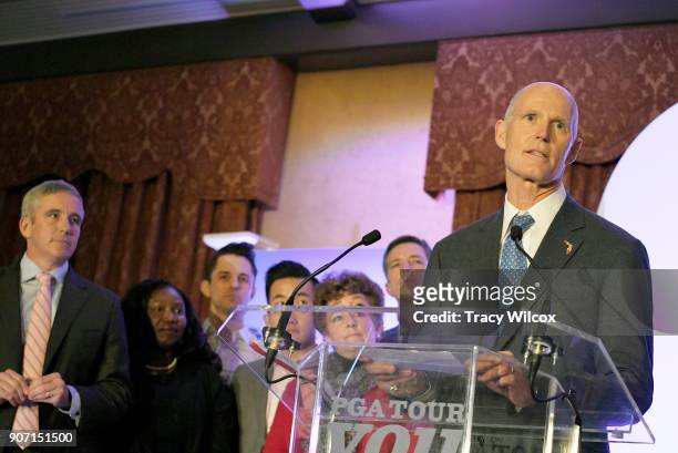 Florida Governor Rick Scott speaks to the media and employees during the PGA TOUR Global Home press conference at TPC Sawgrass on January 19, 2018 in...