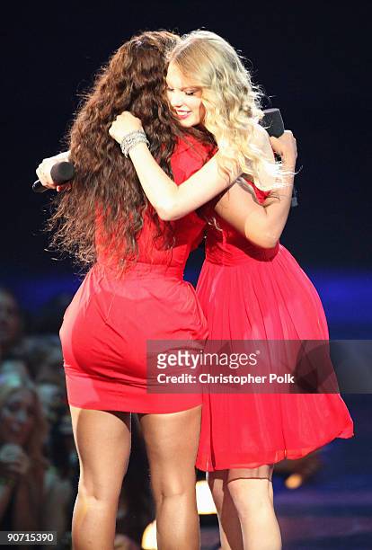 Taylor Swift hugs Beyonce after she allowed her to finish her speech, that was cut short by Kanye West, after Beyonce won "Best Video of the Year"...