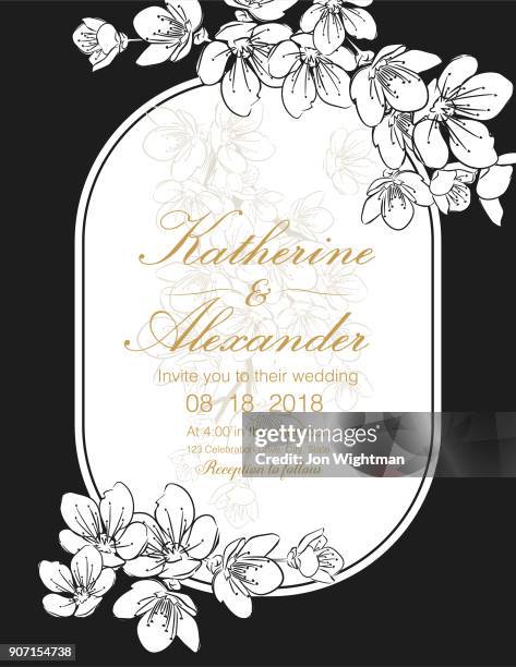hand drawn cherry blossoms wedding invitation template - cherry tree stock illustrations
