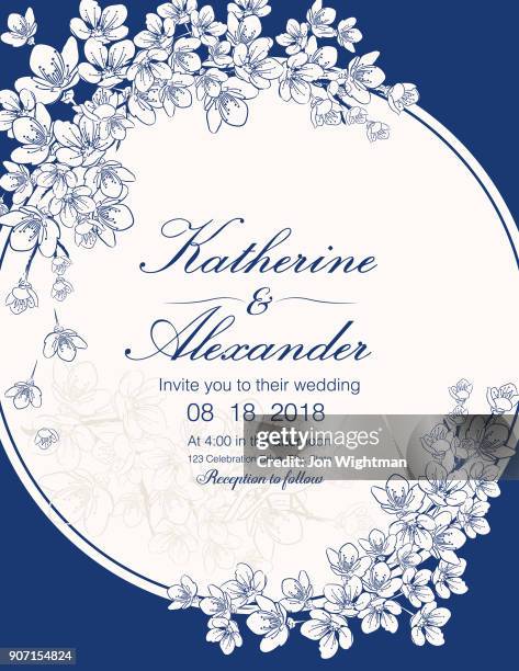 hand drawn cherry blossoms wedding invitation template - cherry tree stock illustrations