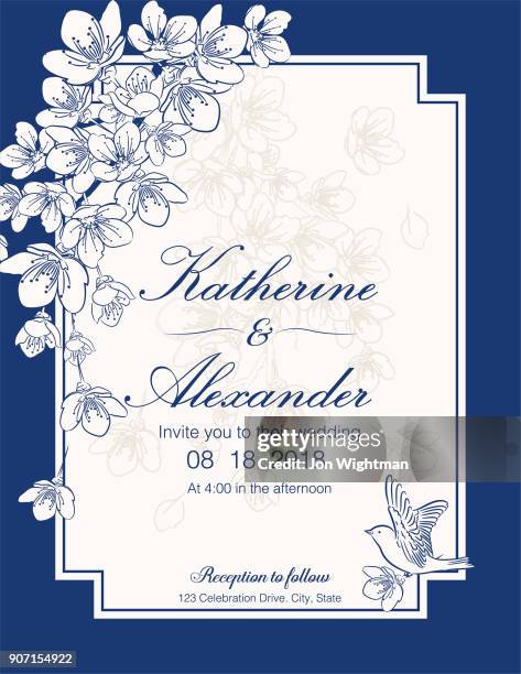 hand drawn cherry blossoms wedding invitation template - cherry blossom template stock illustrations