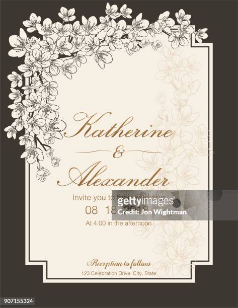 ilustraciones, imágenes clip art, dibujos animados e iconos de stock de flores de cerezo de dibujado a mano plantillas de invitación de boda - gold suit