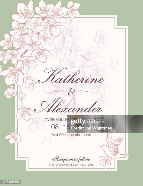 hand drawn cherry blossoms wedding invitation template - pink suit stock illustrations
