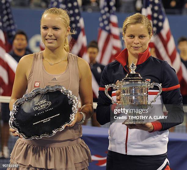 Kim Clijsters from Belgium and Caroline Wozniacki from Denmark at the trophy presentation during the Women's Final US Open match at the USTA Billie...