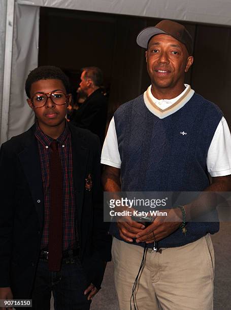 Diggy Simmons and Hiphop Mogul Russell Simmons attend Mercedes-Benz Fashion Week at Bryant Park on September 13, 2009 in New York City.