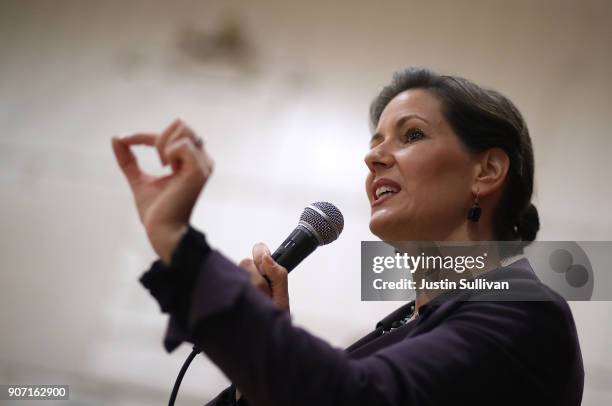 Oakland mayor Libby Schaaf speaks to students at Edna Brewer Middle School about the U.S. Constitution on January 19, 2018 in Oakland, California....