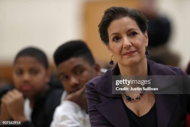 Oakland mayor Libby Schaaf looks on during an assembly at Edna Brewer Middle School about the U.S. Constitution on January 19, 2018 in Oakland,...