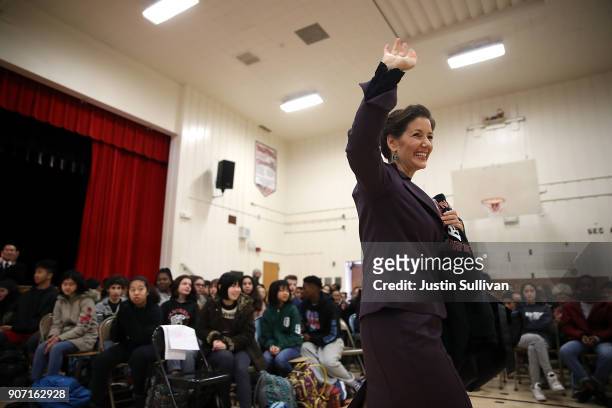 Oakland mayor Libby Schaaf waves to students at Edna Brewer Middle School after speaking about the U.S. Constitution on January 19, 2018 in Oakland,...