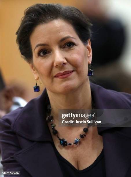 Oakland mayor Libby Schaaf looks on during an assembly at Edna Brewer Middle School about the U.S. Constitution on January 19, 2018 in Oakland,...