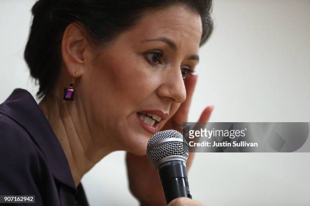 Oakland mayor Libby Schaaf speaks to students at Edna Brewer Middle School about the U.S. Constitution on January 19, 2018 in Oakland, California....