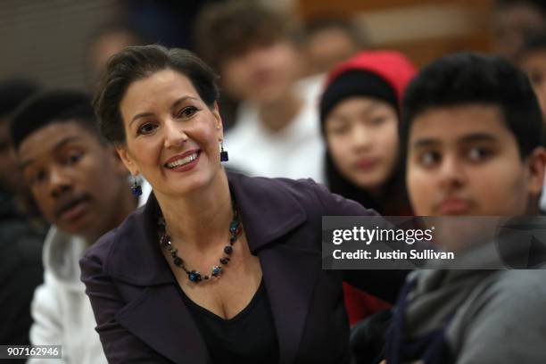 Oakland mayor Libby Schaaf looks on during an assembly at Edna Brewer Middle School about the U.S. Constitution on January 19, 2018 in Oakland,...